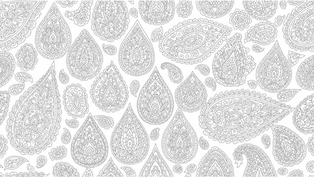 Seamless Paisley Pattern, Abstract Ornate Droplet Shapes, White and Grey Sketch Background