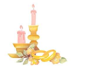 watercolor gold wedding rings with flowers, vintage candles isolated on transparent background, clip art cut out elements. concept of love, Valentine's Day on February 14, romantic relationship
