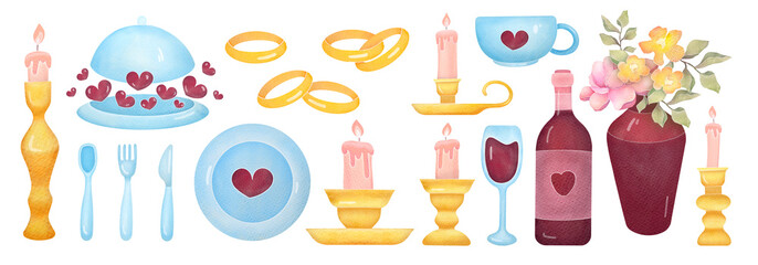 romantic dinner set. Love, Valentine's Day, marriage proposal clipart elements, watercolor illustrations collection with dish, wine, flowers, wedding rings, candles isolated on transparent background