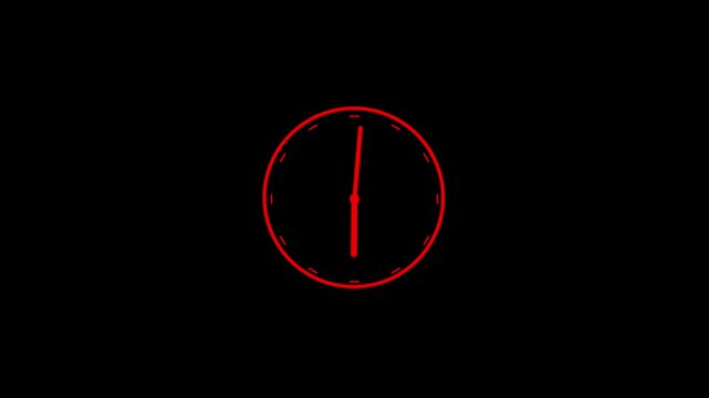 Red analog clock face with hands on black background . Clock icon flat style 24 hours day fast speed with moving timer clock rotation
