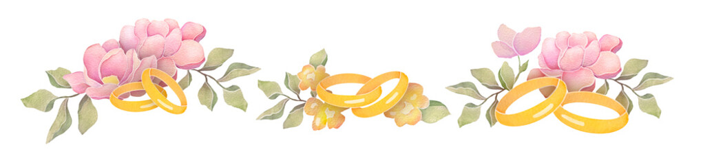watercolor gold wedding rings set with pink flowers isolated on transparent background, clip art cut out elements collection. concept of love, Valentine's Day on February 14, romantic relationship