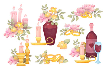gold wedding rings with flowers, candles, wine. Love, Valentine's Day, marriage proposal elements set. romantic watercolor illustration isolated on transparent background, clip art cut out collection