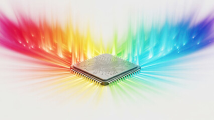 A microchip with complex circuitry and numerous pins is surrounded by a vibrant display of rainbow colored light rays in a radial pattern, symbolizing technological advancement and innovation.