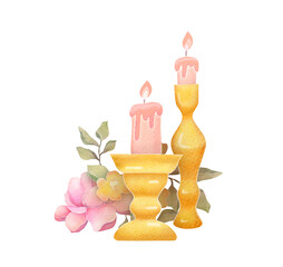 vintage candles in gold candlesticks with pink flowers isolated on transparent background. romantic floral composition watercolor illustration. clip art cut out element design
