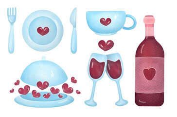romantic dinner elements set. cute dishes with hearts, red wine glasses, bottle collection. watercolor illustration isolated on transparent background, clip art and cut out element design