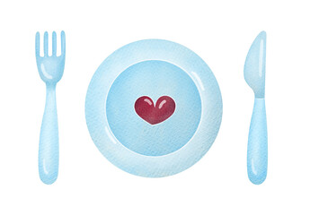 Romantic dinner,  fork, knife, plate with heart. concept of love, Valentine's Day on February 14. romantic cute watercolor illustration isolated on transparent background, clip art cut out elements
