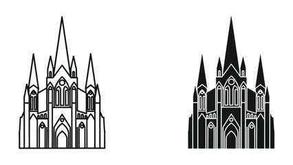 Gothic Cathedral Vector Illustrations - Outline and Shaded Styles