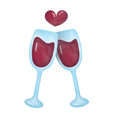 composition of two glasses of wine, heart. concept of love, Valentine's Day on February 14, romantic dinner. watercolor illustration isolated on transparent background, clip art cut out element design