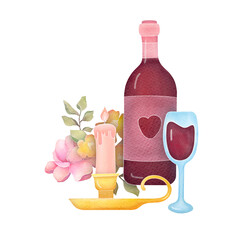 red wine glass and bottle, vintage candles in gold candlestick, pink flowers isolated on transparent background. beverage for romantic dinner. watercolor illustration, clip art cut out element design