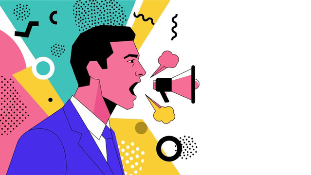 Man yelling into megaphone, abstract geometric background, communication concept