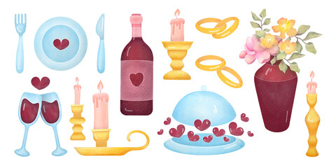 vintage wedding elements isolated on transparent background. romantic dinner set. watercolor illustrations collection with dishes, glasses, bottle of wine, flowers in vase, wedding rings, candles