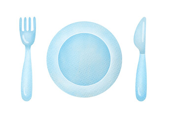 Watercolor Illustration of Blue Dinner Set: ceramic Plate, Fork, Knife isolated on transparent background, clip art and cut out element design set