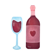 red wine glass and bottle isolated on transparent background. beverage for romantic dinner. watercolor illustration, clip art and cut out element design