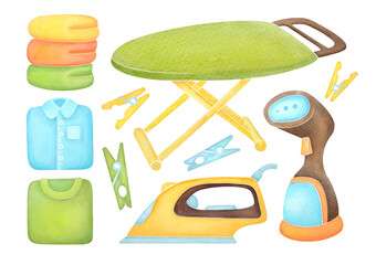 Ironing Board, steamer, iron, clothespins, clothes isolated on transparent background. laundry room, household routine cute watercolor illustration, clip art and cut out element design for kids