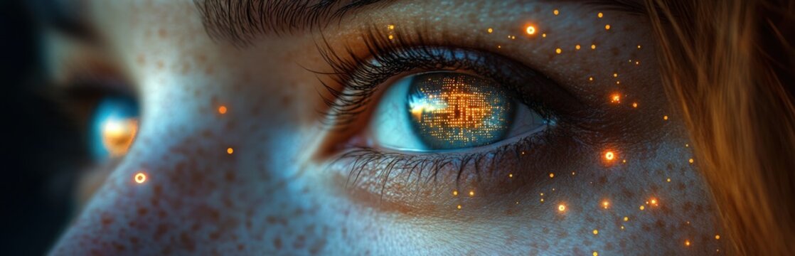 Close-up of a human eye with digital circuit reflection and glowing particles on skin