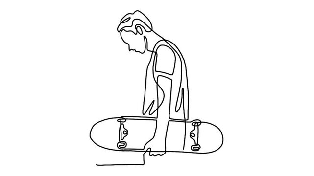 Continuous line animation of man holding skateboard