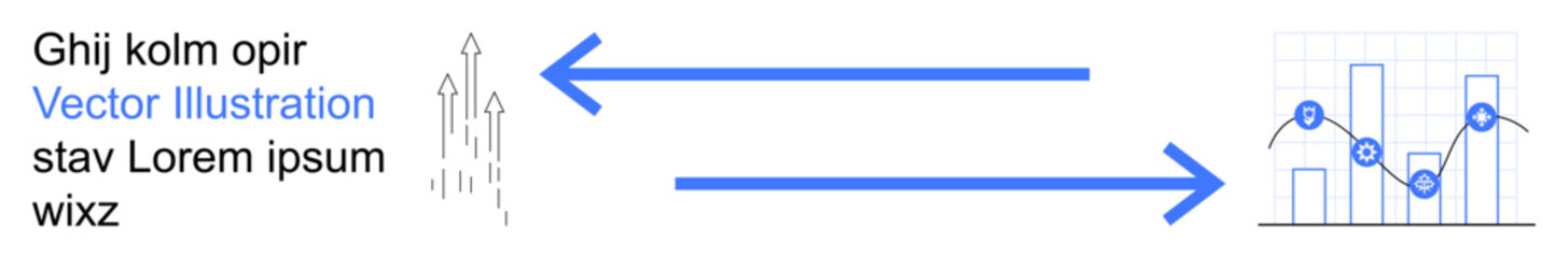 Obraz premium Data management, analytics, growth tracking, business intelligence, digital communication, tech systems. Blue arrows connecting vertical arrows and a line graph. Data management and analytics concept