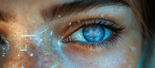 Futuristic human eye, blue iris, with digital patterns reflected and glowing data points
