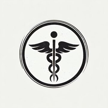 A black and white circular medical symbol featuring a staff with wings and a snake