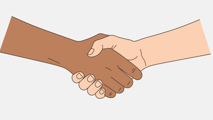 Diverse handshake: One brown hand and one light hand shaking in agreement and cooperation.