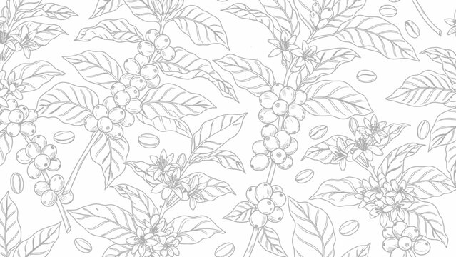 Coffee Branch Seamless Pattern: Hand-drawn Sketch of Beans, Leaves, and Flowers
