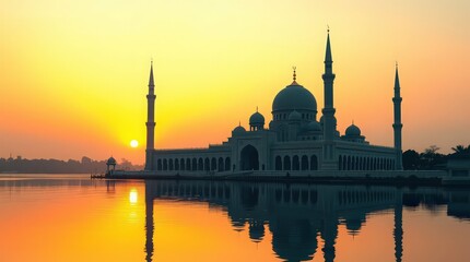 Obraz premium Serene mosque at sunset with reflection on calm water