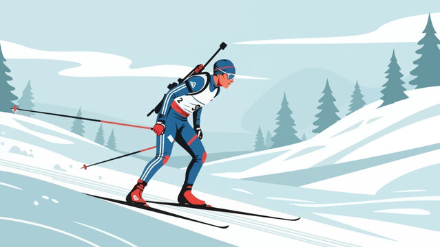 Biathlete skiing downhill with rifle on back, winter sport illustration