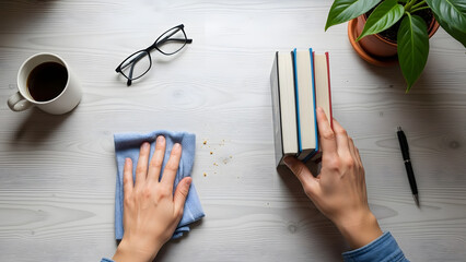 Overhead shot of a person wiping a wooden desk next to a stack of books