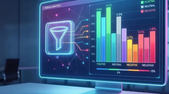 Tech business metrics visualization digital screen with colorful bar chart showing social media sentiment analysis and emoji reactions modern office