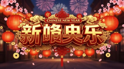 Celebratory digital illustration featuring traditional Chinese New Year 2026 decorations, red lanterns, gold calligraphy, fireworks, and symbolic dragon motifs for festive designs