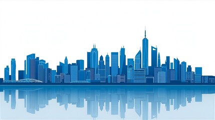 Blue City Skyline Silhouette Over Calm Water With Reflective Urban Architecture and Modern Skyscrapers