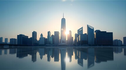 Dawn Over City Skyline At Sunrise Modern Glass Buildings Reflect on Calm Water
