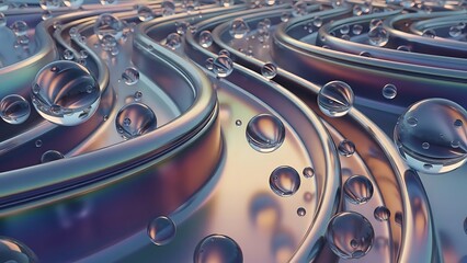 Mesmerizing digital liquid flow over iridescent metallic structures, creating a dynamic and futuristic abstract composition of light and reflection