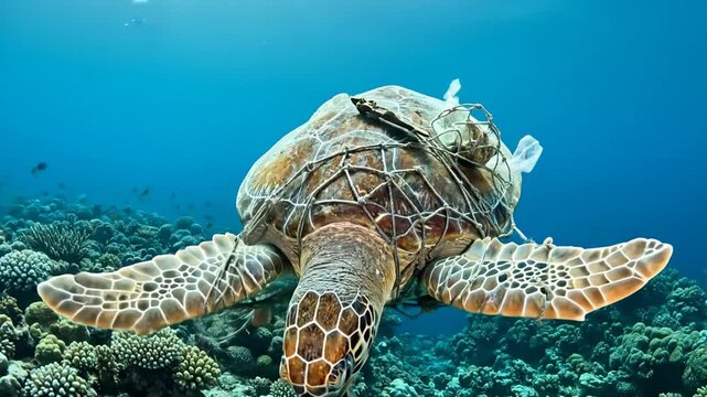 Sea turtle entangled in fishing net underwater, symbolizing marine pollution.