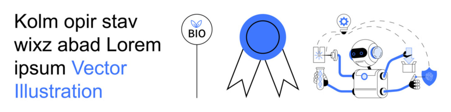 Biotechnology, AI technology, certification processes, digital solutions, futuristic innovation, smart industries. a robot, a badge and a biotech label. Biotechnology and AI technology concepts