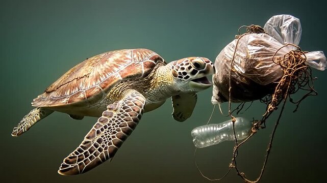 Sea turtle swimming near plastic bag, symbolizing marine pollution