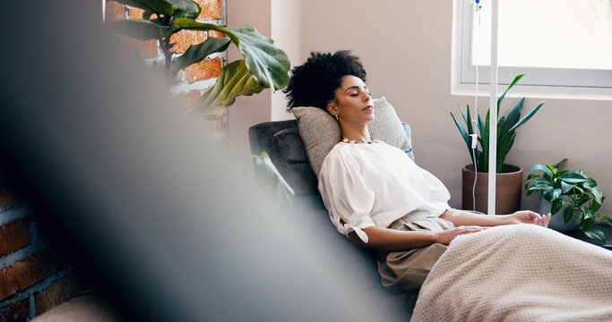 Infusion, relax and wellness with woman in drip lounge for benefits of antioxidants, minerals or vitamins. Fluid, IV hydration and recovery with patient in chair for healthcare or medical treatment