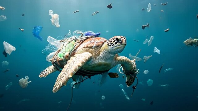 Entangled sea turtle swimming in polluted ocean highlighting crisis