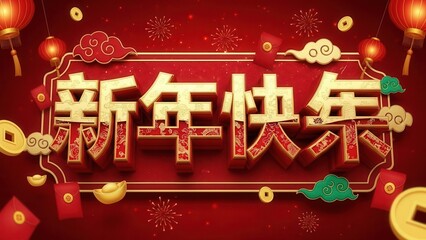 Golden Chinese New Year 2026 celebration display with traditional calligraphy, red envelopes, lanterns, and fireworks for festive decoration