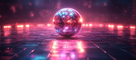 Glowing orb on dark tiled ground reflects neon pink and blue lights in futuristic scene