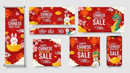 Chinese New Year 2026 promotional sale banners featuring rabbit and dragon symbols with red lanterns and gold coins for festive discounts up to 50 percent off