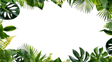 A vibrant frame of tropical leaves and greenery, ideal for nature-themed backgrounds. Features monstera, palm, and exotic foliage, perfect for eco-friendly designs and botanical illustrations.