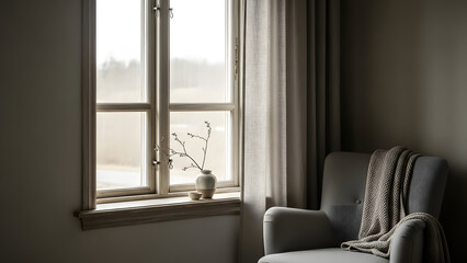 A calm and quiet interior scene featuring a gray armchair by a window with a simple vase and a blanket