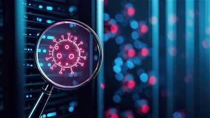 Virus under magnifying glass with digital data background symbolizing cyber threat detection analysis network security technology infection concept - Powered by Adobe