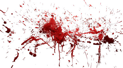 Abstract red blood splatter on white background, artistic representation of liquid drips, drops, and splashes, suitable for graphic design and visual effects.
