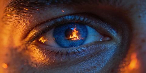 Naklejka premium Macro close-up of a blue human eye reflecting a burning fire in the pupil