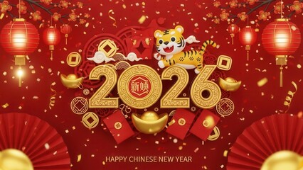 Celebration of Chinese New Year 2026 featuring tiger mascot, gold coins, red lanterns, and traditional decorations for festive holiday greeting
