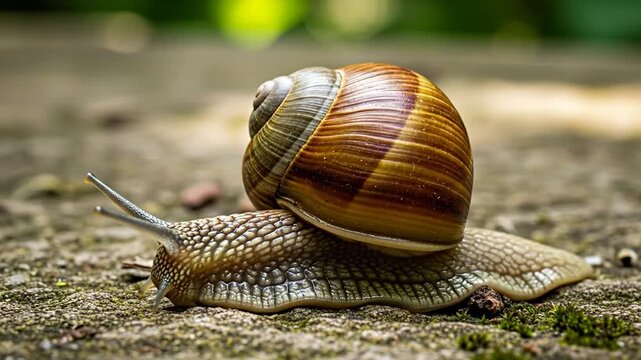 Snail crawling slowly over rough stone surface showing detailed shell