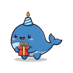 Cute Cartoon Whale with Party Hat and Gift