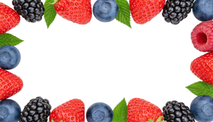 Arrangement of fresh strawberries, blackberries, blueberries, and raspberries with green leaves forming a decorative frame. Ideal for health, nutrition, and food themes.